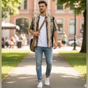 Bassiri Uomo USA Men's Casual Button Down Shirt - Black, Brown, and Beige Size M